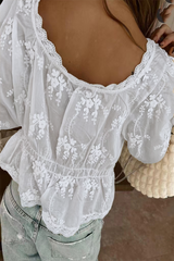 Aiertu  -  Sexy Daily Solid Color Embroidered Buttons See-Through U Neck Blouses Aiertu