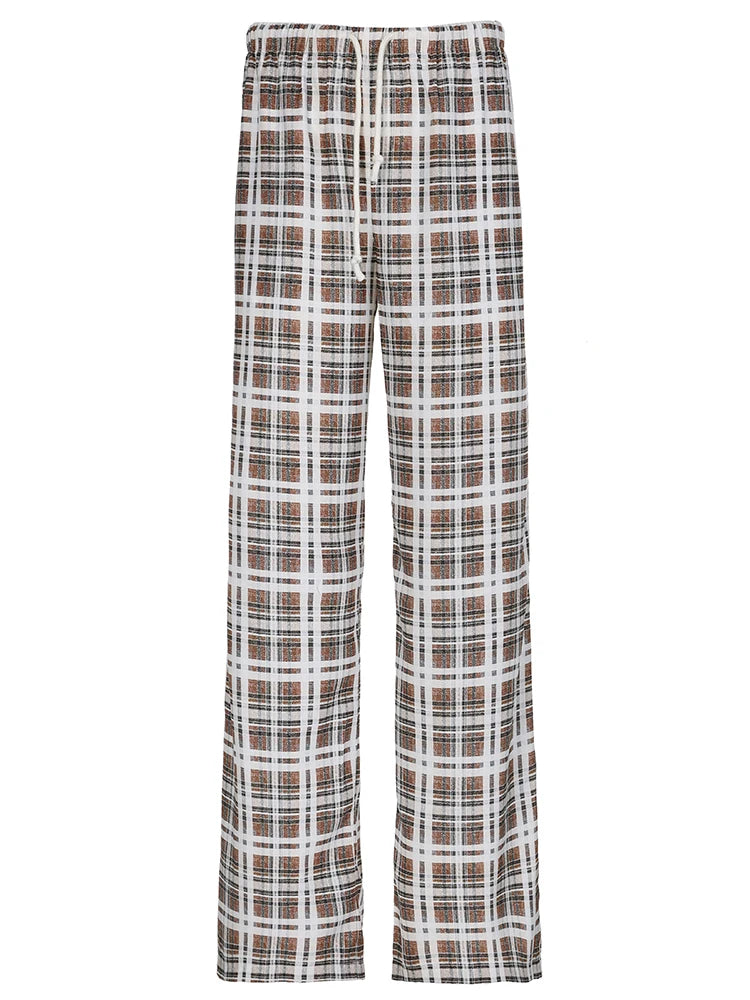 Aiertu  Streetwear Drawstring Plaid Pants Elastic Waisted Fashion Casual Sweatpants Harajuku Aesthetic Y2K Straight Pants Aiertu