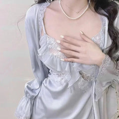 Aiertu  -  Silk Robes for Women Summer Satin Bathrobe Set Long Sleeve Ladies Sexy Dressing Gown Lace Patchwork Nightgown for Female Aiertu