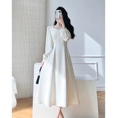 Aiertu Vintage White Midi Dresses for Women New Autumn Elegant Fashion Square Neck Long Sleeves Bride Wed Female Clothing Aiertu