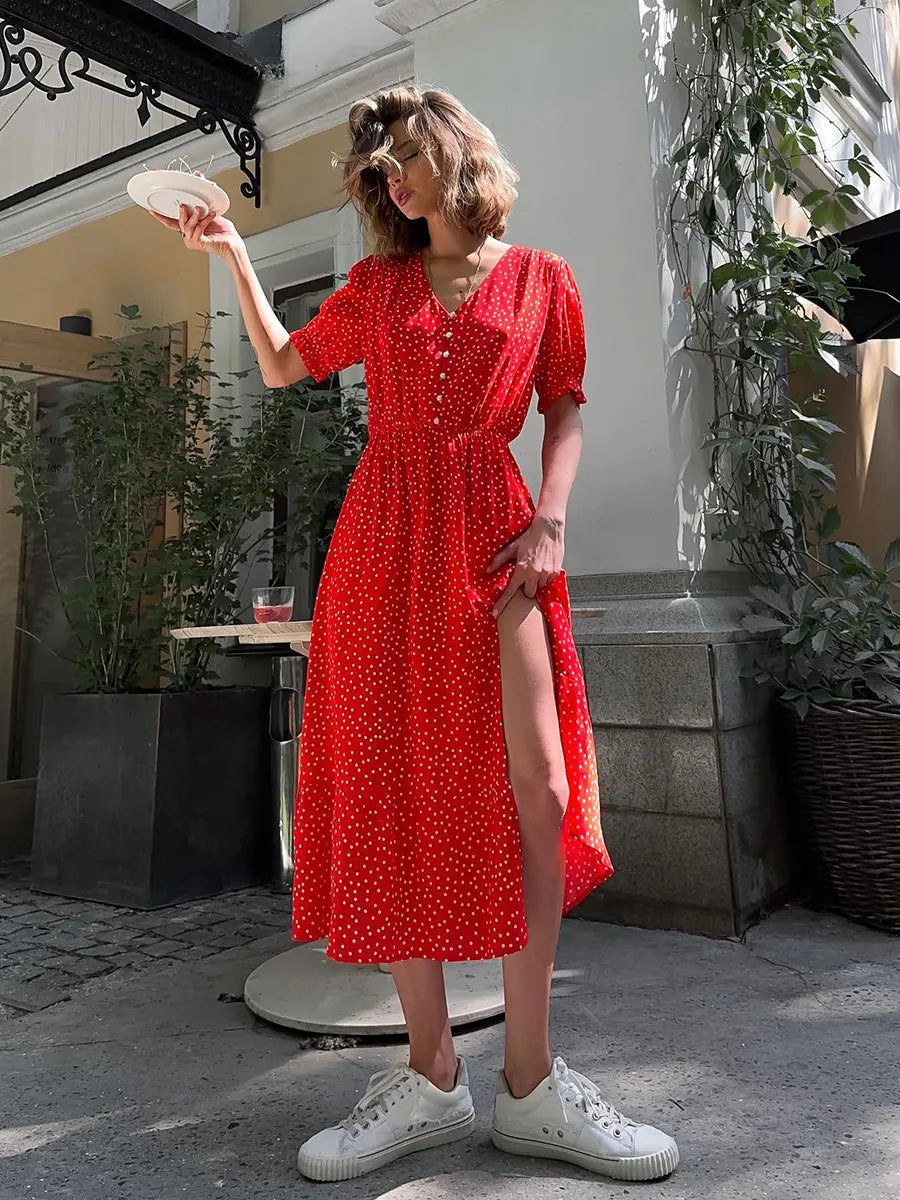 Aiertu      -  Polk Dot Red Midi Dress Women Summer New V Neck Short Sleeve Waist Cinched Split Dresses 2024 Elegant Casual Button Long Vestido Aiertu