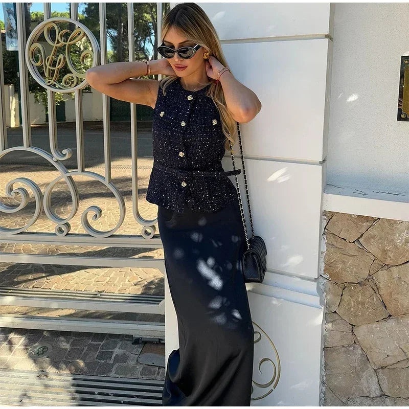 Aiertu  -  Elegant Solid Tweed Sequin Women Vests Sleeveless O-Neck Female Tank Fashion Slim Autumn Single Breasted Lady Waistcoat Aiertu