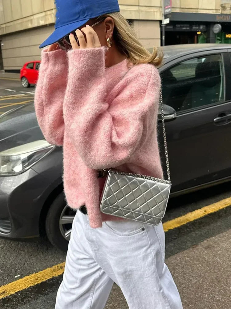 Aiertu     -  Fall Outfits 2026 Casual Pink Women Cashmere Knitted Sweater Drop Shoulder Round Neck Knit Pullover New Autumn Lady Loose Fit Long Sleeve Jumper Aiertu