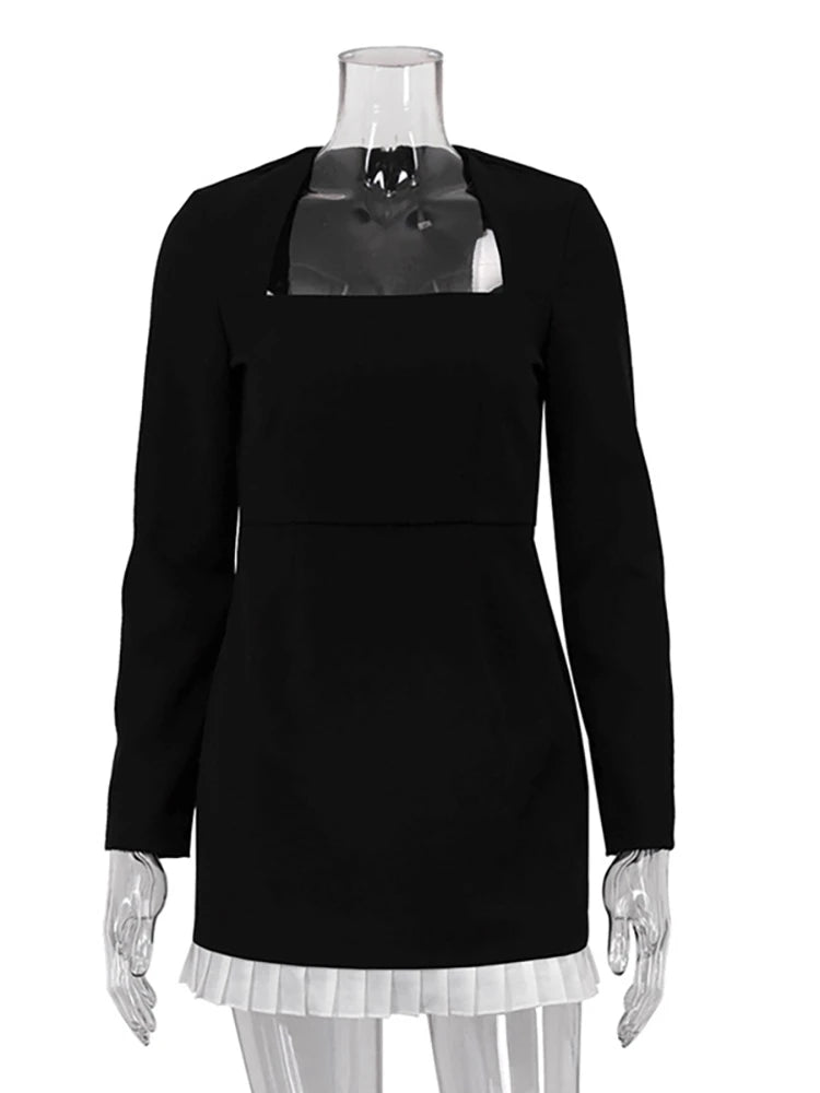 Aiertu  -  layered look inspo Patchwork Sexy Square Collar Pleated Women Dress Black Long Sleeve High Waist Mini Dress Winter Slim Elegant Streetwear Aiertu