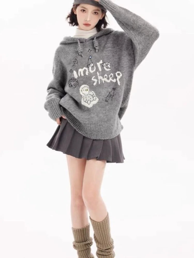 Aiertu  -   Korean Style Streetwear Oversize Sweaters Women Autumn Winter Cartoon Knitted Hoodies Y2k Loose Casual Pullover Hooded Aiertu