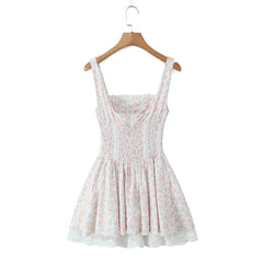 Aiertu  -  Sweet Floral Print Front Cross Lacing Up Front Slim Elastic Low Waist Tank Dress Women Swing A-lined Sling Dresses Robe Aiertu