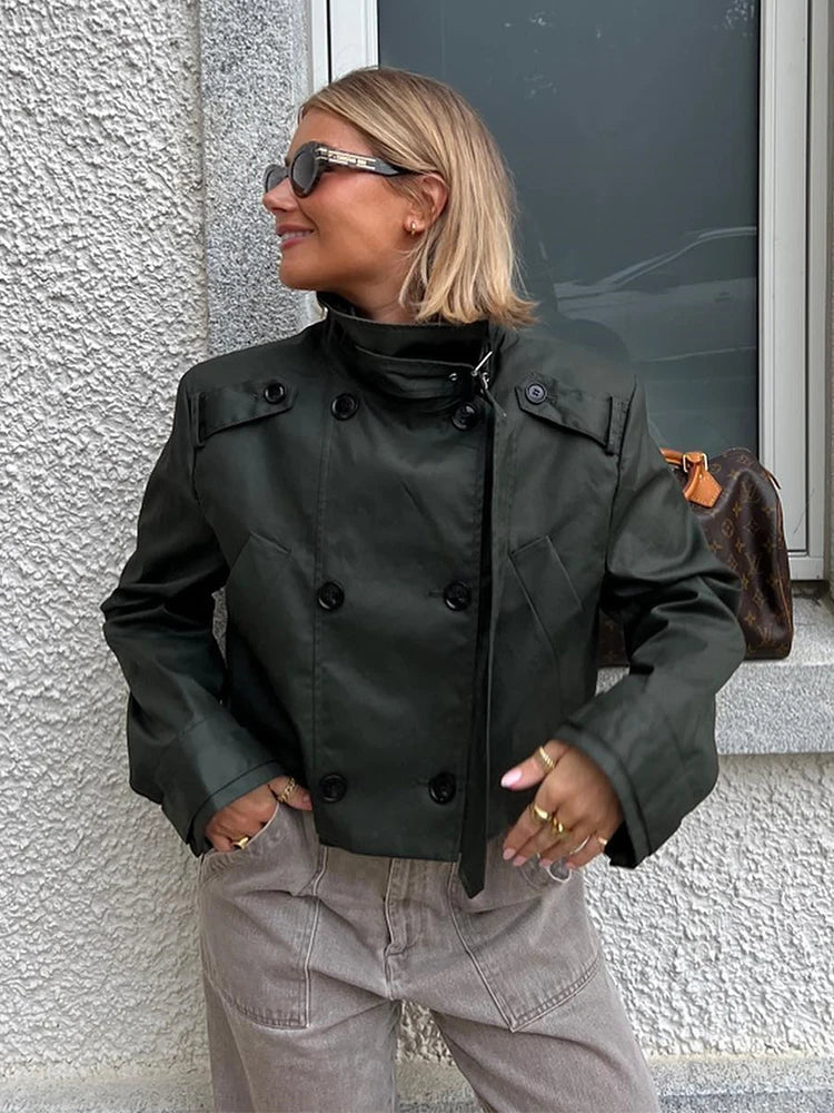 Aiertu  -  Double Breasted Army Green Pockets Short Jacket for Women Winter Autumn Casual Streetwear Short Trench Windbreak Aiertu