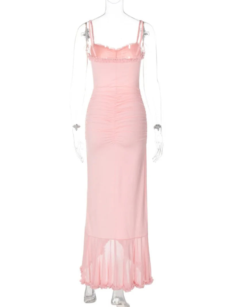 Aiertu  -  Woman Clothing 2026 Summer Sexy Hollow Out Ruched Mesh Evening Dress Female Sleeveless Irregular Slim Long Party Dresses Pink Aiertu
