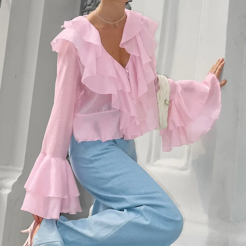 Aiertu  Summer Ruffle Short Tshirts Ladies 2025 Fashion V Neck Long Sleeve Shirts Party Casual Vacation Pink Top Women's Clothes Aiertu