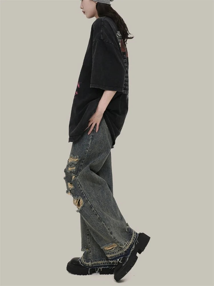 Aiertu  -  Women's Vintage Distressed Neutral Jeans Cool Girl High Waist Wide Legs Thin Pants Female Casual Straight Blue Denim Trousers Aiertu