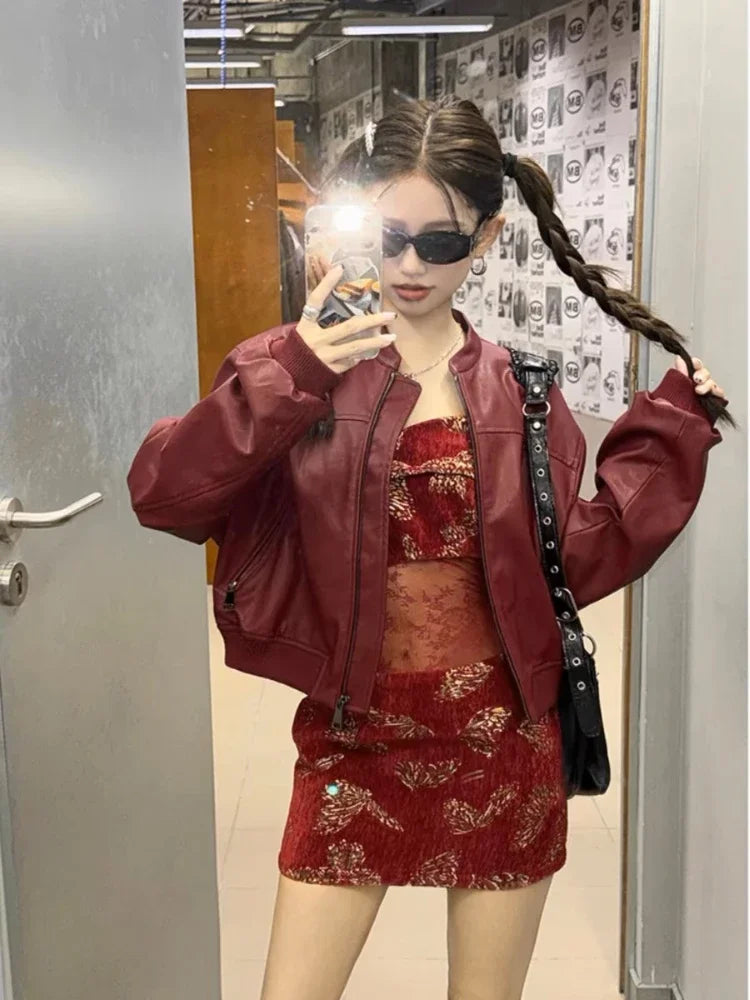Aiertu  -  Vintage Red Women Faux Leather Jackets Zipper Chic Long Sleeve Casual Cropped Coat New High Street Fashion Outerwear Aiertu
