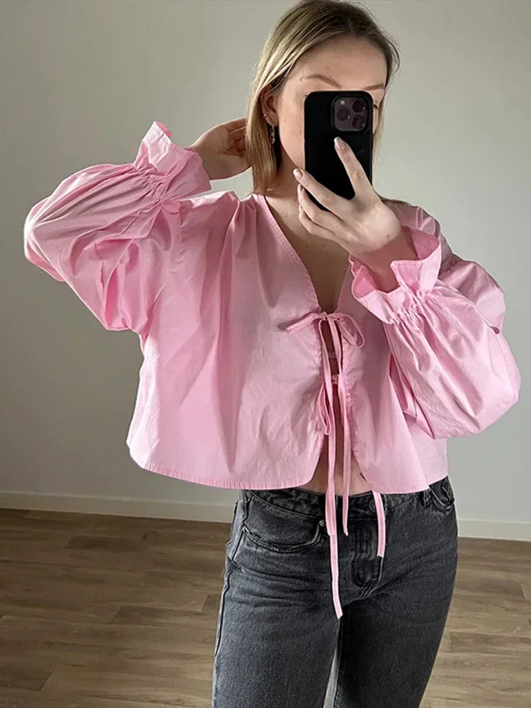 Aiertu  -  Cotton Bow Lace Up Shirt Women Elegant V-neck Hollow Out Long Lantern Sleeve Shirts 2026 Spring Summer Casual Loose Fashion Tops Aiertu