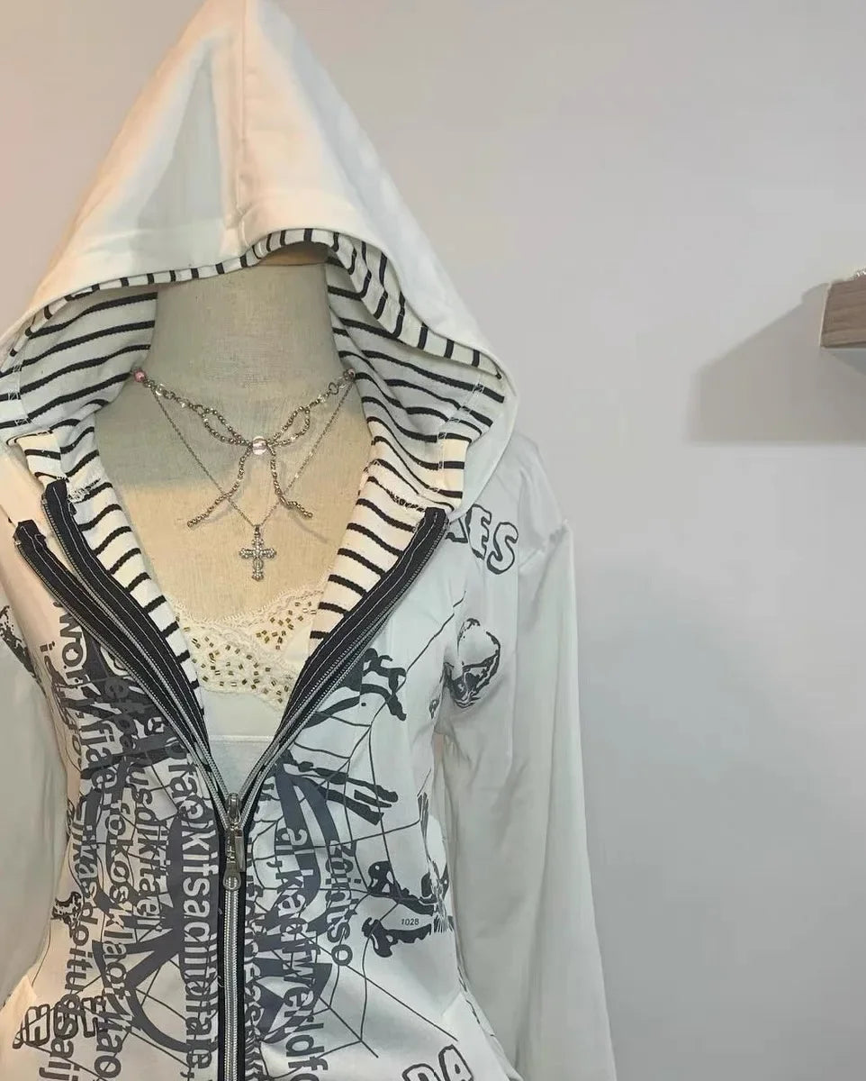 Aiertu  -  Gothic Personality American Skull Pattern Loose Zipper Hoodie Y2k Punk Retro Harajuku Slim Fit Versatile Warm Commuter Jacket Aiertu
