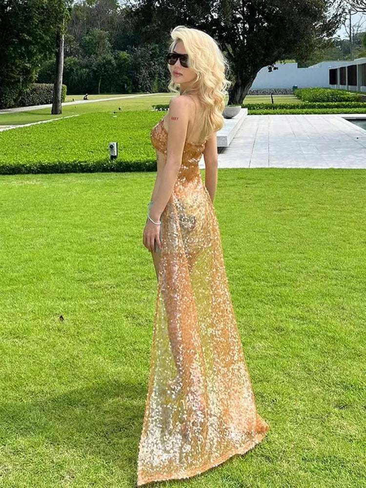 Aiertu  -  Vacation Shiny Sequins Extra-Long Camisole Women 2025 Y2K Summer Trend Backless See Through Hem Wild Fashion Outfits Aiertu