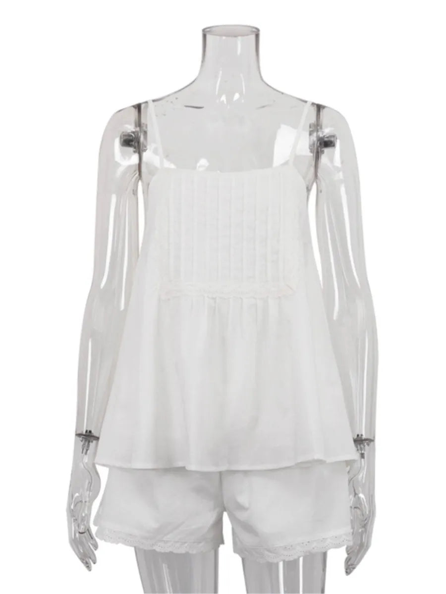 Aiertu  -  White Lace Trim Shorts Two-piece Set Women Summer Sleeveless Loose Tank Top+Elastic Waist Shorts Simple Casual Home Cozy Sets Aiertu