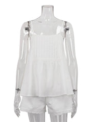 Aiertu  -  White Lace Trim Shorts Two-piece Set Women Summer Sleeveless Loose Tank Top+Elastic Waist Shorts Simple Casual Home Cozy Sets Aiertu
