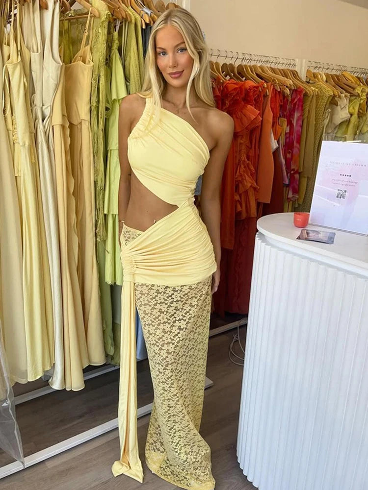Aiertu  -  Elegant Irregular Hollow Dress Women Ruched Backless Knot Ribbon+Mesh Patchwork Bottoms Vacation Fashion Matching Suits Aiertu