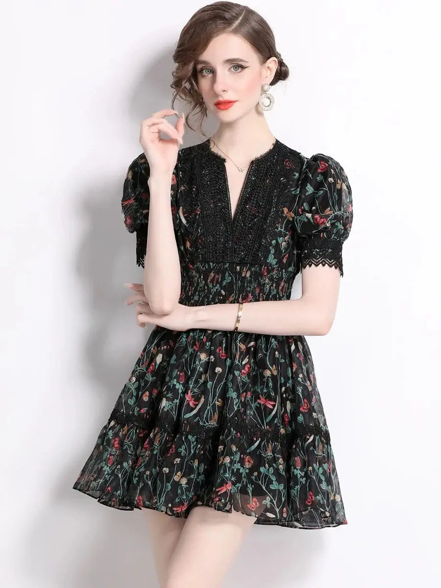 Aiertu  -  Summer Y2K Lace Trims Splice Flower Princess Short Dresses Women's Puff Sleeve V Neck Elastic Waist French Elegant Party Vestido Aiertu