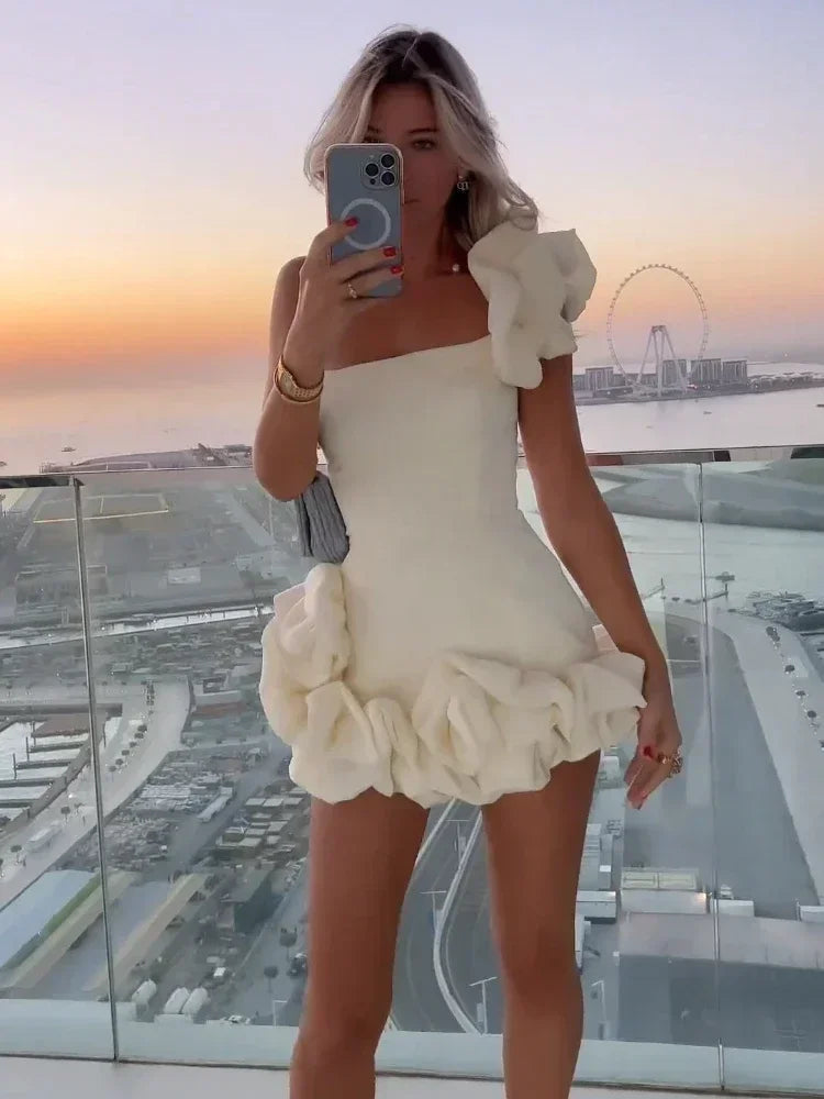 Aiertu Elegant White Mini Dresses 3D Flower Luxury One Shoulder Sleeveless Pleated Cocktail Party Evening Bodycon Dress Female Aiertu