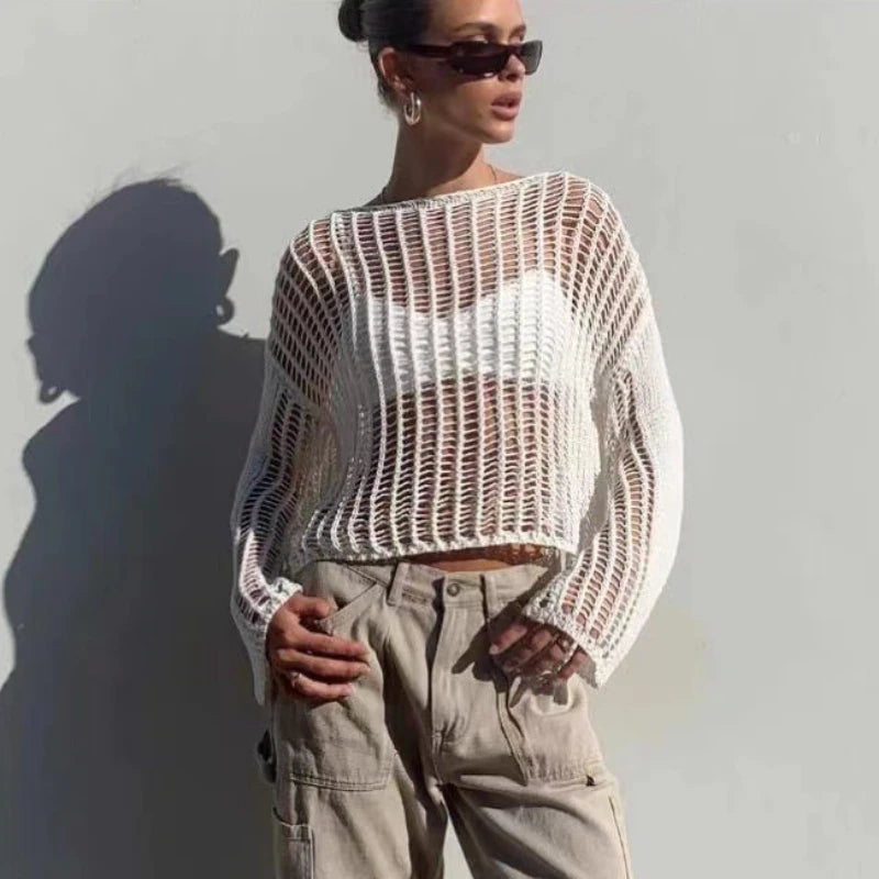 Aiertu  -  Hollow Out Pullover Pullover Women Oversize Kniited Long Sleeve Sweater Femme Beach Sexy Knitwear Cover-up Ladies 2026 Aiertu