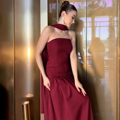Aiertu  -  Sexy Strapless Ribbon Dress Women's Back Lace Up Spliced Long Evening Party Dress Slim Solid High Waist Elegant Clothes Aiertu