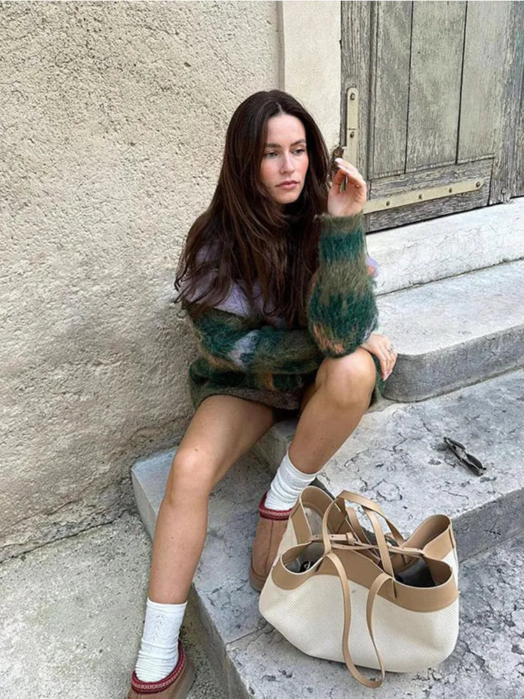 Aiertu  -  Autumn New Mohair Print Knit Cardigan Coat Oversize Single Breasted Long Sleeve Sweater Tops 2026 Office Lady Commute Streetwear Aiertu