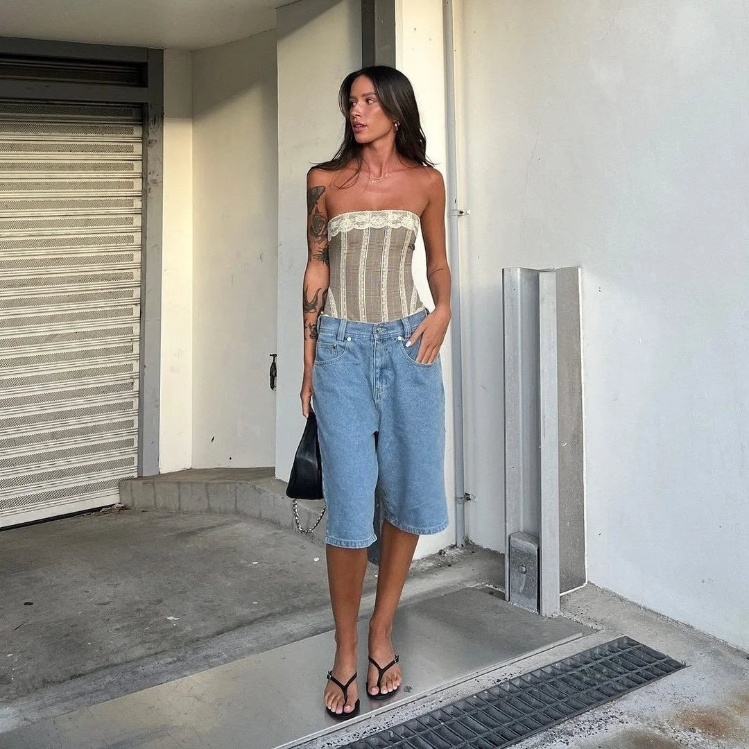 Aiertu  Street Denim Shorts Women All Match Zippers Pocket Button Dropped Wide Leg Female Short Pants 2025 Spring Summer Lady Streetwear Aiertu