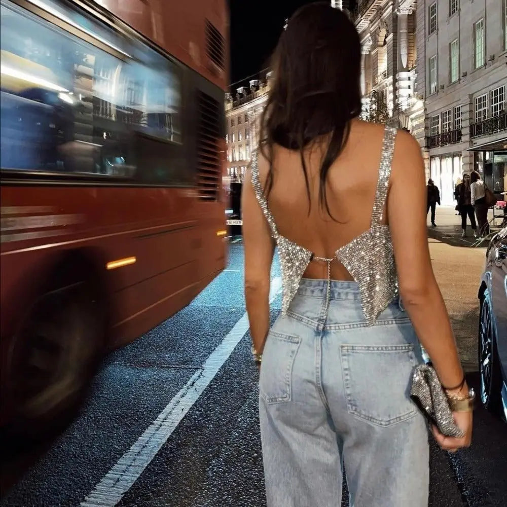 Aiertu  -  Metal Mesh Rhinestone Sleeveless Tank Top Women Back Hollow Chain Crop Tops Hot Girl Beach Sexy Club Party Vest Femme Aiertu
