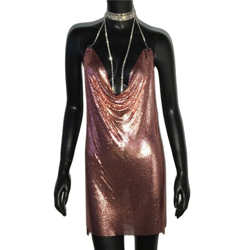 Aiertu Sexy Gold Sequined Patchwork Mini Dress Women Sleeveless Low Cut Metal Chains Halter Slim Charming Nightclub Party Dresses Aiertu