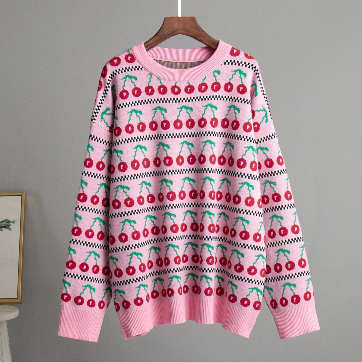 Aiertu  -  Women's Round Neck Cherry Printed Sweater Autumn Winter New Mid Length Fashion Top Retro Knitted Sweater Pullover Aiertu