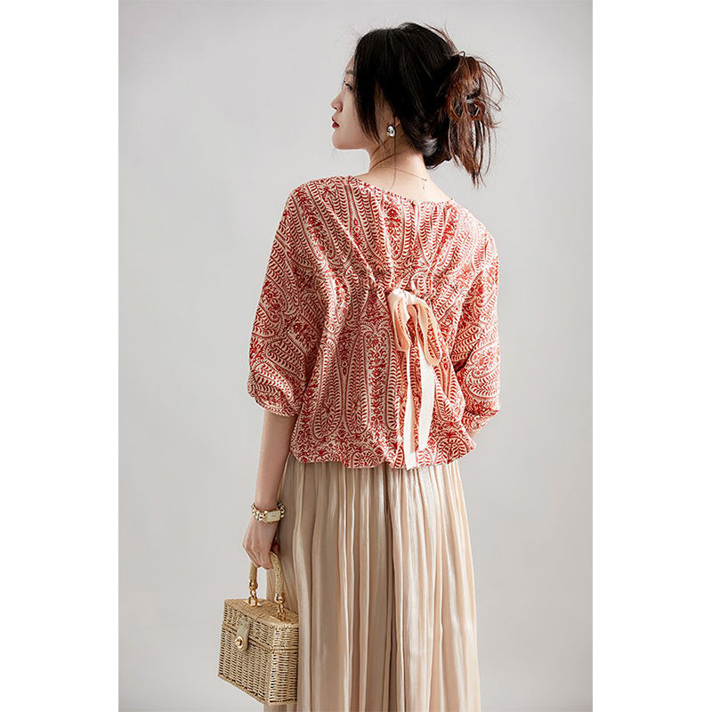 Aiertu Elegant Blouses Women Vintage Bow Bandage Print Shirts Office Lady Summer Korean Batwing Sleeve Casual All Match Chic Tops Aiertu