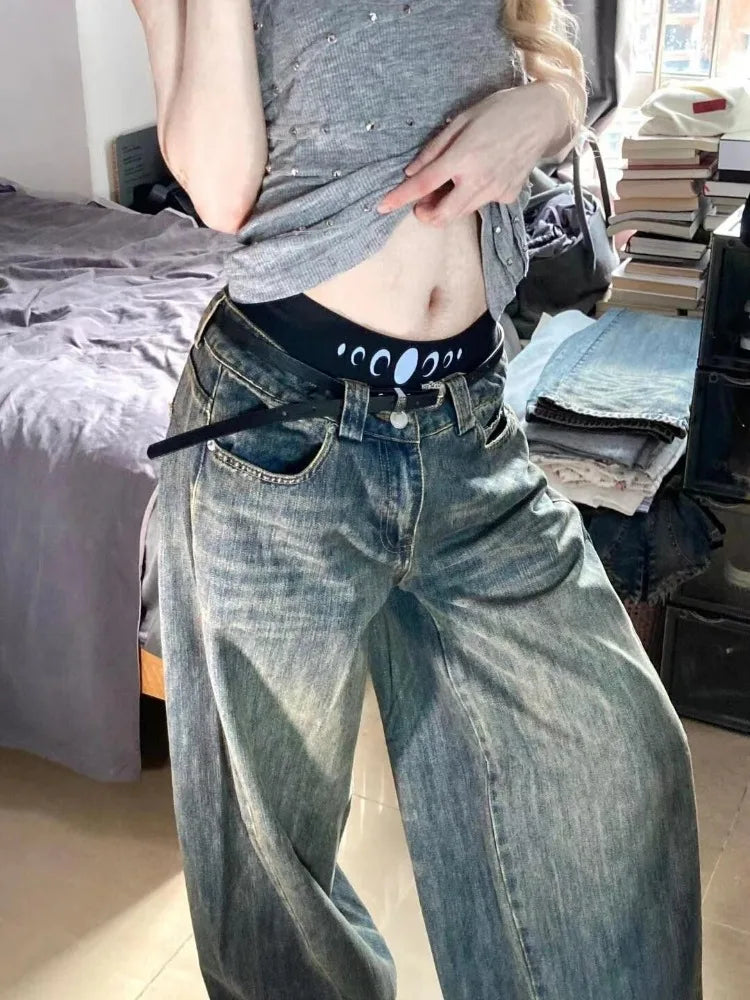 Aiertu  Y2k Vintage High Street Wide Leg Jeans Women American Retro Casual  All-match Streetwear Denim Trousers 2000s Female Aiertu
