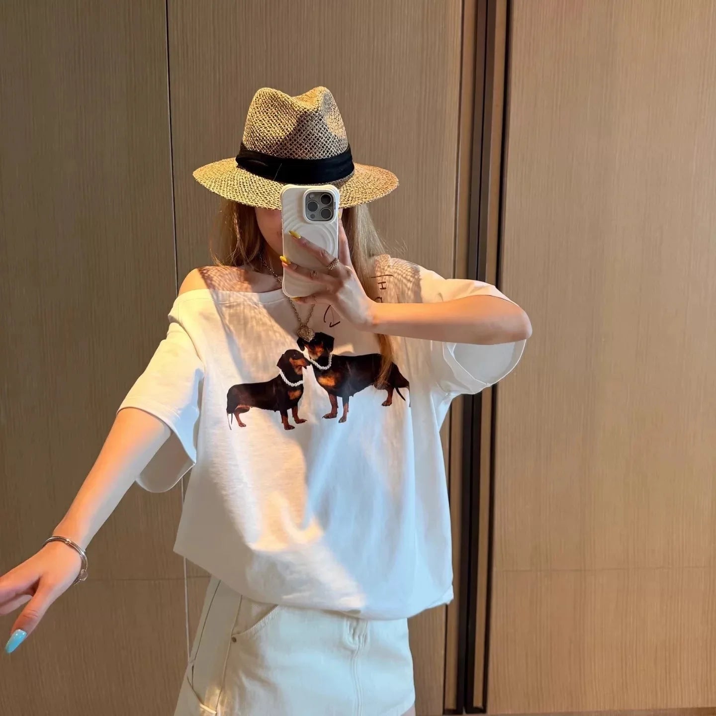 Aiertu  -  Summer New Pearl Necklace Dachshund Dog Print Short Sleeve T-Shirt Slash Shoulder Top Women Aiertu