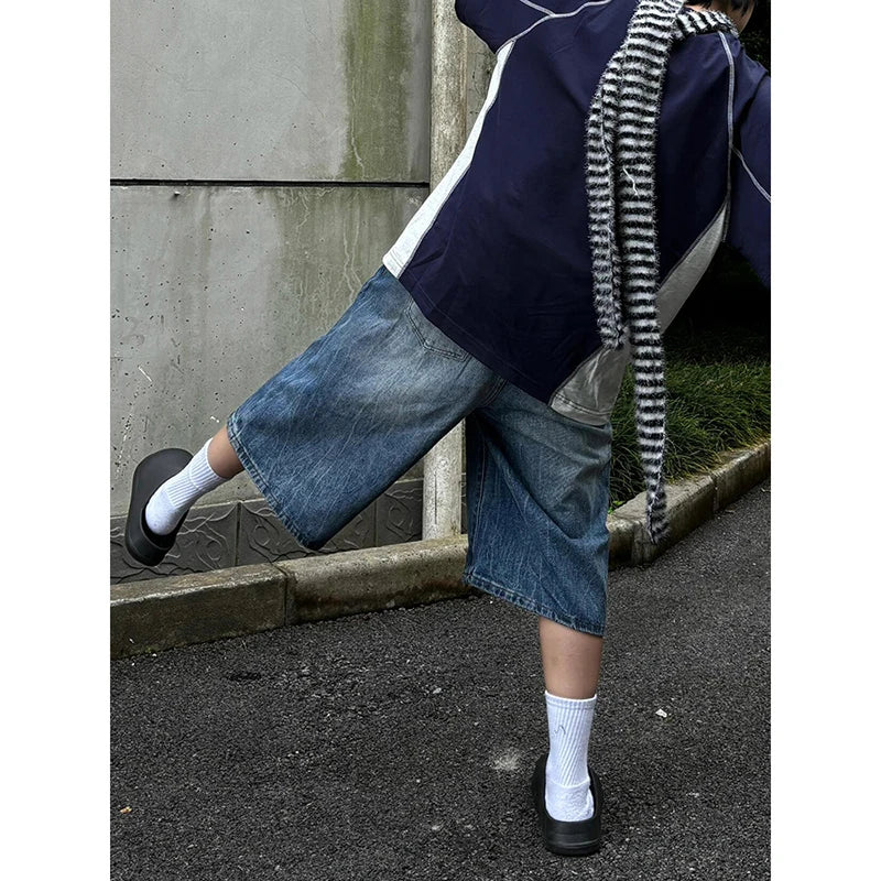 Aiertu  -  Summer Blue Baggy Denim Shorts Women Y2k Vintage 2000s Wide Leg Washed High Waist Streetwear Casual Fashion Loose Trousers Aiertu