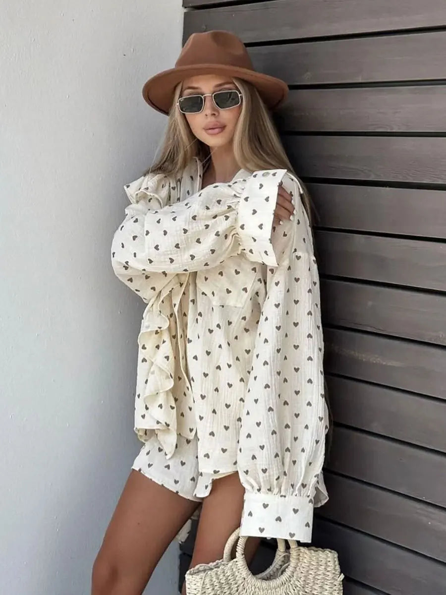 Aiertu  -  Women Spring Summer 100% Cotton Shorts Suit Office Lady Long Sleeve Loose Shirt + Shorts 2 Piece Sets Womens Outfits Aiertu