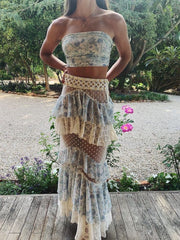 Aiertu  Blue floral lace ruffle long two piece suit evening gown party dress gh3011 shopify