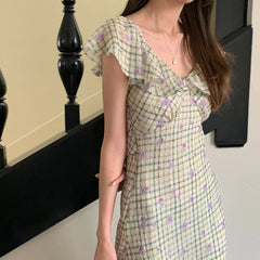 Aiertu  Sweet Long Floral Plaid Summer Chiffon Dress Women Sashes Flying Sleeve A-line Midi Sundress Female Woman Clothes 2025 Aiertu