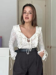Aiertu  -  Fashion V-neck Solid Lace Laminated Decoration Blouse Women Hole Long Sleeves Loose Lace-up Shirt 2025 Women Spring Streetwear Aiertu
