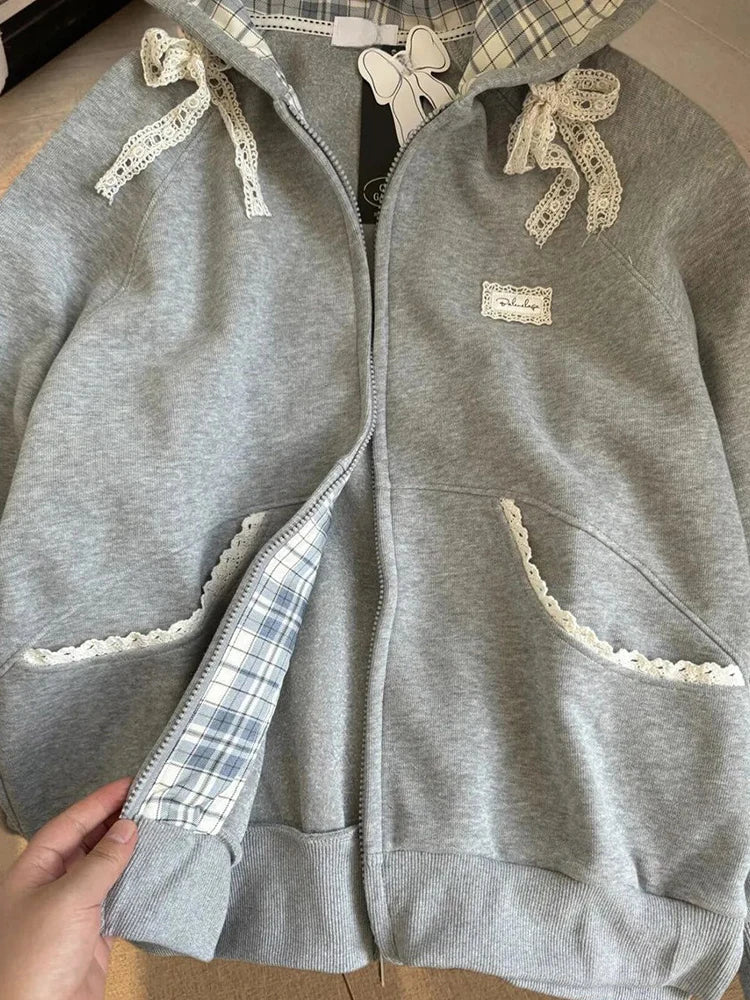 Aiertu  Lace Patchwork Hoodies Women Cute Bow Long Sleeve Sweatshirt Japan Preppy Style Sweet Loose Long Sleeve Female Gray Outwear Aiertu