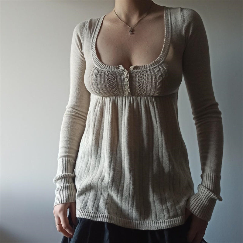 Aiertu  -  Women Vintage Solid Sweater Top Long Sleeve Button Front Knitted Babydoll Top 00S Retro Y2K Fairy Grunge Aesthetic Knitwear Aiertu