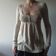 Aiertu  -  Women Vintage Solid Sweater Top Long Sleeve Button Front Knitted Babydoll Top 00S Retro Y2K Fairy Grunge Aesthetic Knitwear Aiertu