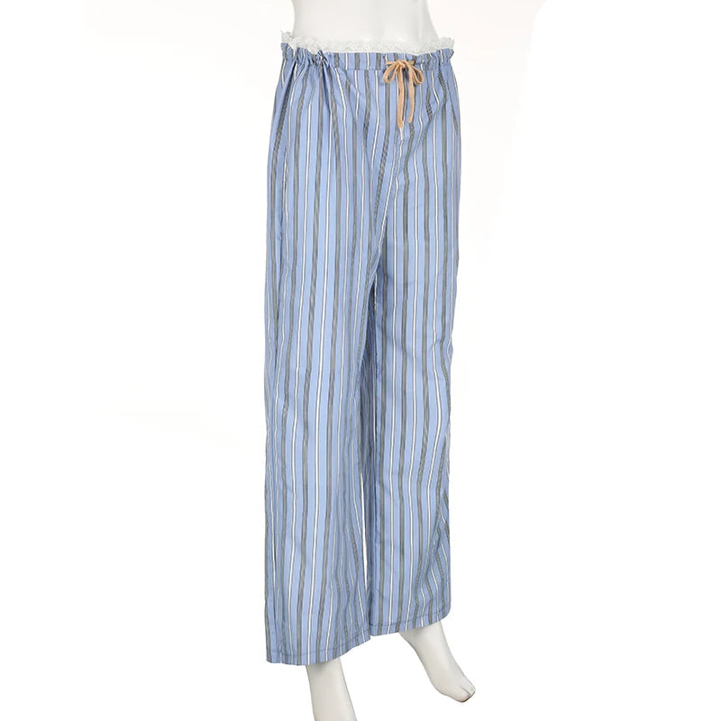 Aiertu  -  Sweet Stripe Lace Patchwork Women Pants Low Waist Drawstring Harajuku Korean Trousers Straight Leg Bottoms Basic New Aiertu