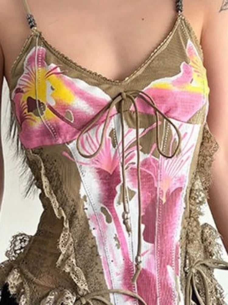 Aiertu  -  Vintage Lace Patchwork Streetwear Tanks Women Printing Slim Fit Bandage Camisole Summer Harajuku Sexy Y2k Aesthetic Tank Top Aiertu