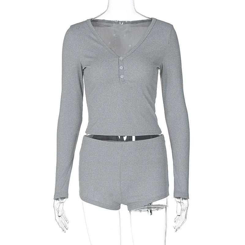 Aiertu  -  Homewear Two Piece Outfits for Woman Spring Summer Long Sleeve Button Crop T-shirt+Elastic Waist Mini Shorts Casual Suits Aiertu