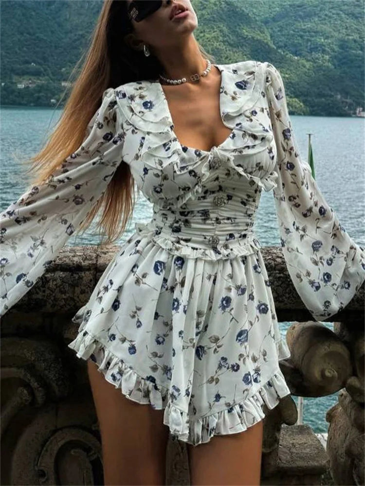 Aiertu  -  Ruffled V-Neck Printed Mini Dress Female Bandage Autumn Fashion Lace-Up Contrast Drawstring Dress For Women Party Dress Aiertu