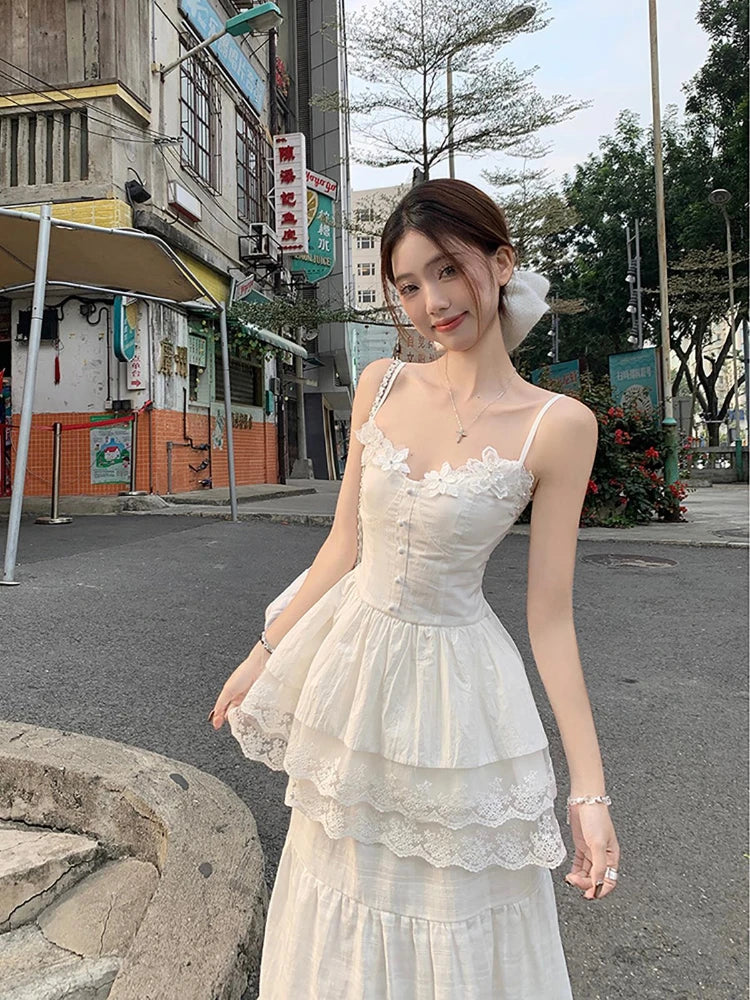 Aiertu  -  White Dress Ladies Temperament Patchwork Lace Two-piece Suit Spring Summer 2025 New Elegant Princess Dress Simplicity Suit Aiertu