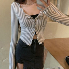 Aiertu Vintage Striped Shirts Women Y2K Tunic Slim Crop Tops Streetwear Korean Harajuku Long Sleeve Skinny Casual Blouses New Aiertu