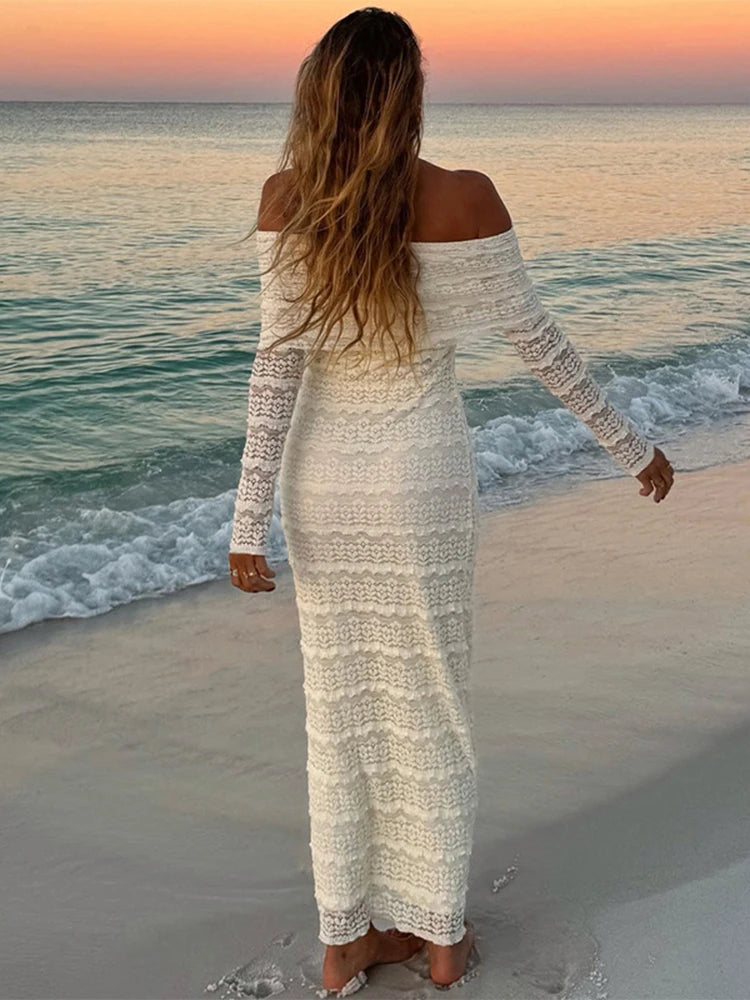 Aiertu  -  Elegant Off Shoulder Dress Bodycon Fashion Patchwork Long Sleeve Maxi Dresses For Women Beach Vacation Slim Party Dress Aiertu