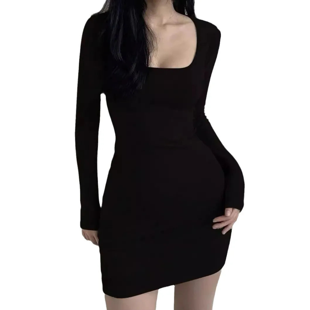 Aiertu Big Round Neck Slim Autumn and Winter Korean Version of Long Sleeve Dress Retro Bag Hip Skirt Female Temperament a Word Dress Aiertu