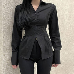Aiertu Y2K Women Slim Blouses Office Lady Fashion Long Sleeve Folds Chic Shirt Vintage Streetwear Korean Sexy Skinny Casual Tops Aiertu